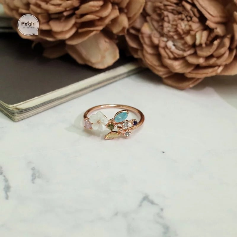 Multicolour Fern Leaf And Flower Ring